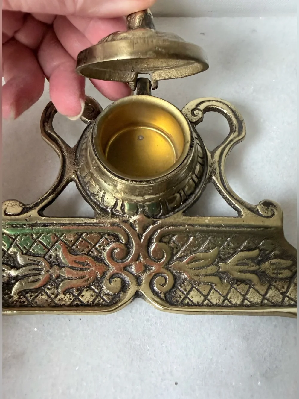 Brass Ink Well and Pen Rest - Antique-Style Brass Finish